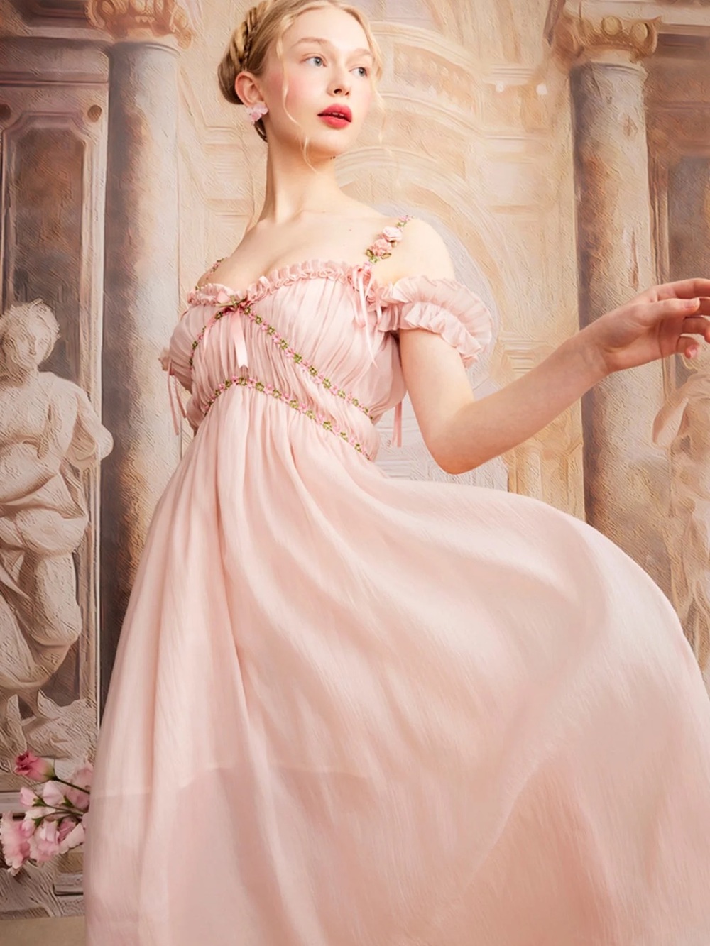 Blush Pink Off-Shoulder Dress with Floral Trim (Aurora Lacemade new with tag)